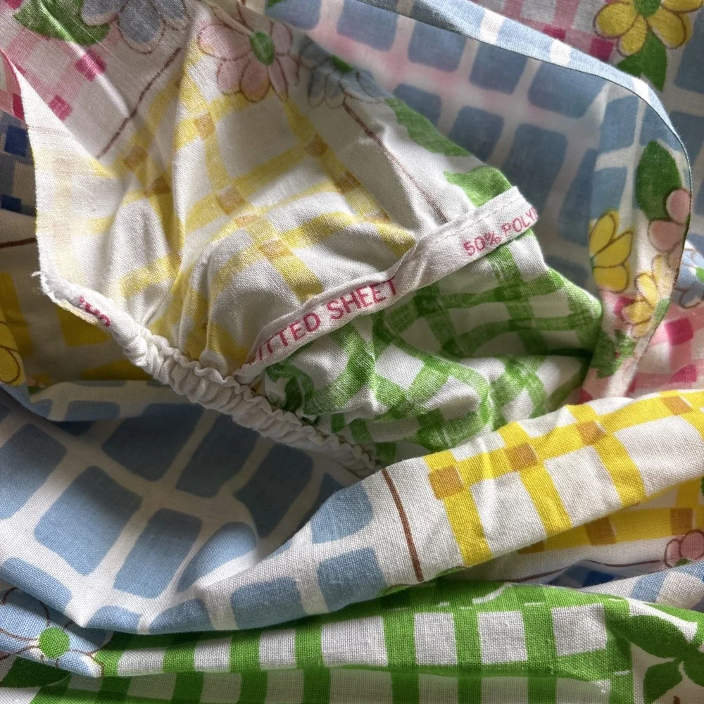 Vintage Cannon 70s Daisy TWIN‎ SIZE Sheet Set Gingham Square Monticello Muslin